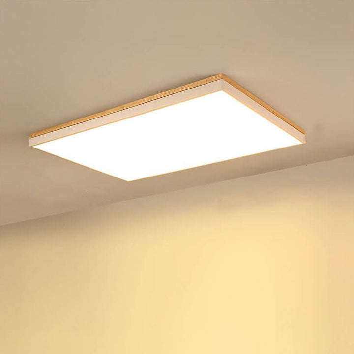Moderne minimalistische LED-Deckenleuchte zur flachen Montage aus massivem Holz und Acryl in quadratischer Rechteckform für das Wohnzimmer 