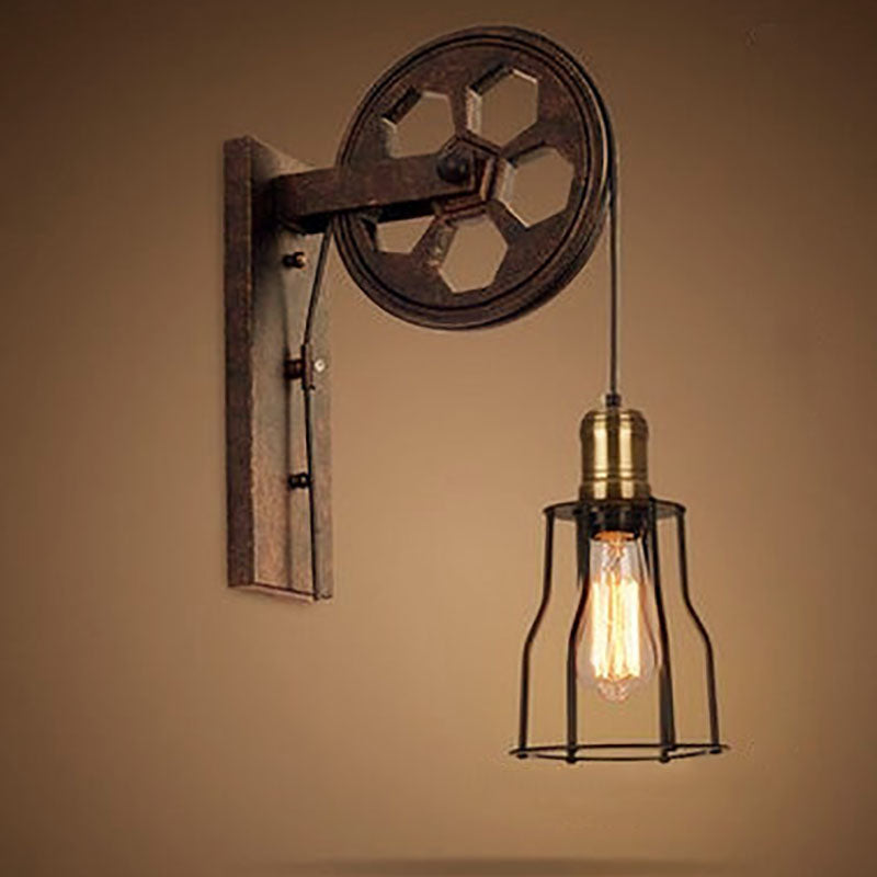 Traditional Vintage Pulley Iron Wood 1-Light Wall Sconce Lamp