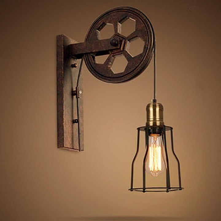 Traditional Vintage Pulley Iron Wood 1-Light Wall Sconce Lamp