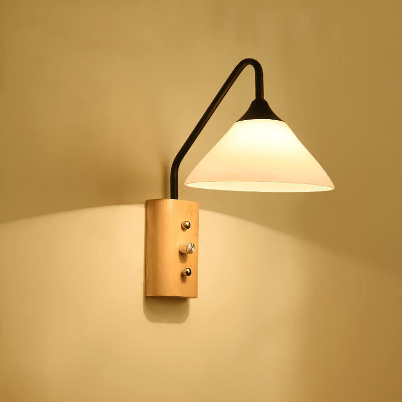 Japanese Minimalist Log Round Iron Glass Lampshade 1-Light Wall Sconce Lamp