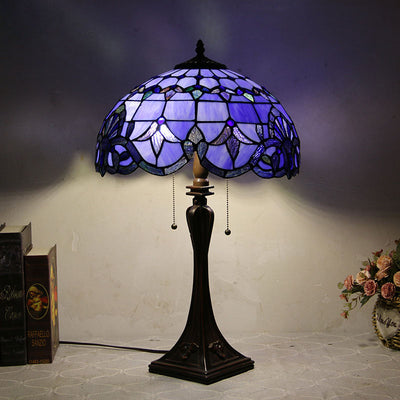 Lámpara de mesa de 2 luces con cordón de tiro en forma de cono de vidrio teñido estilo Tiffany Mediterráneo 
