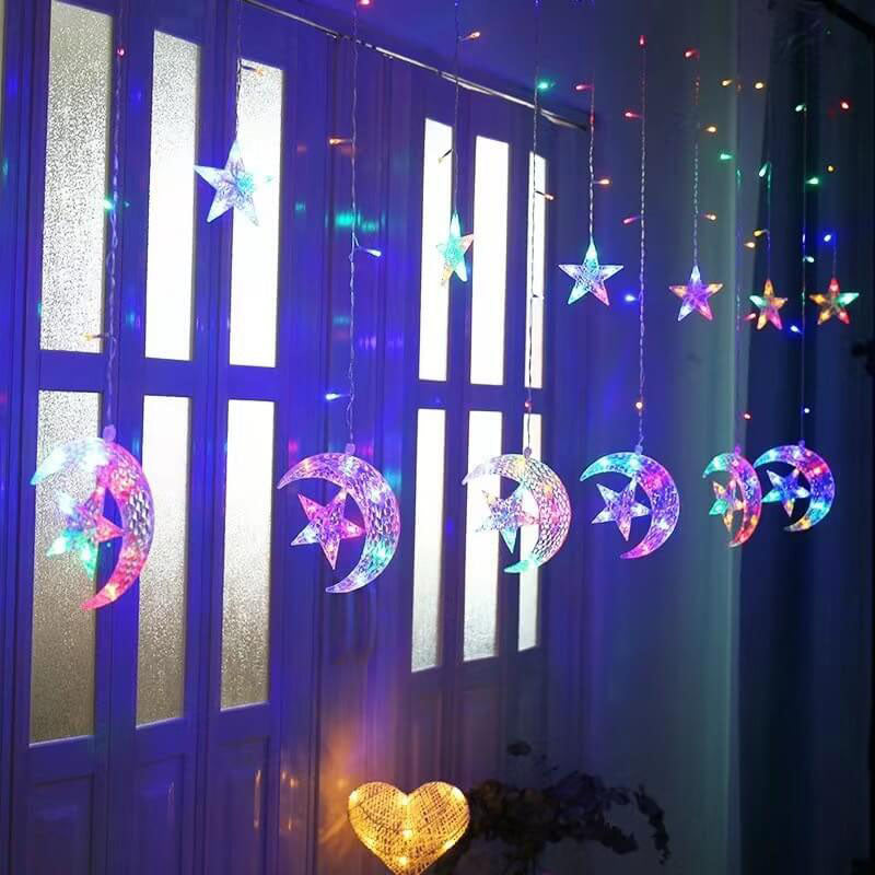 LED-Solar-Stern-Mond-Vorhang-Licht-Weihnachtsterrasse im Freien Dekorative Camping-Schnur-Lichter 