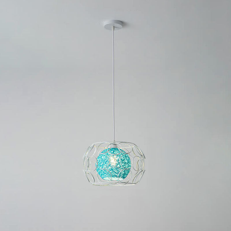 Modern Minimalist Weaving Hemp Ball Iron Drum 1-Light Pendant Light for Living Room