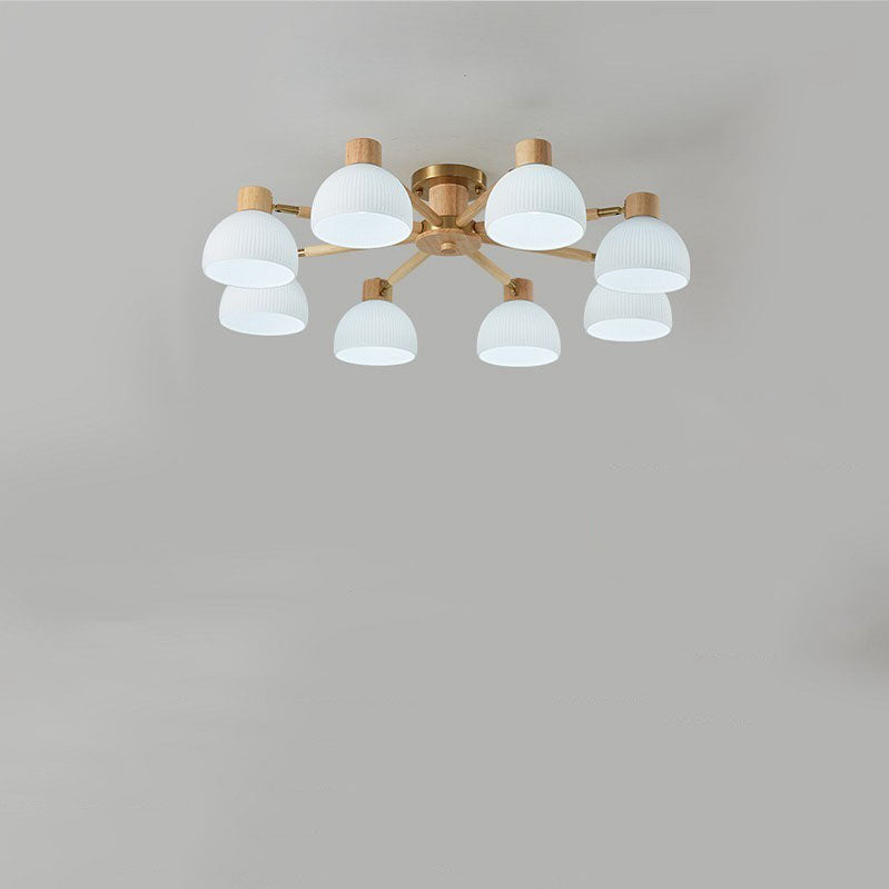Plafón de techo tradicional japonés Wabi-sabi de madera de caucho, herrajes y vidrio de 3/6/8 luces para sala de estar 