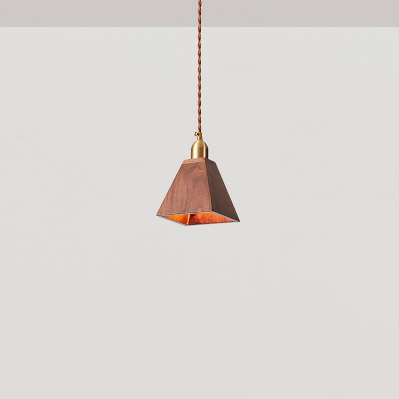 Traditional Vintage Ash Wood Walnut Geometric Round Cone Brass 1-Light Pendant Light for Living Room