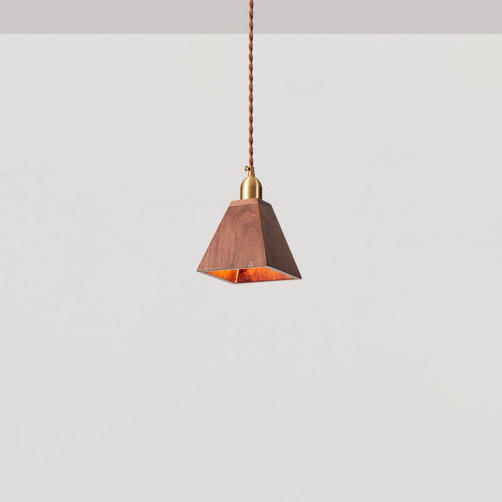 Traditional Vintage Ash Wood Walnut Geometric Round Cone Brass 1-Light Pendant Light for Living Room