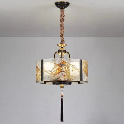 Cylindre en verre émaillé chinois traditionnel avec cadre en laiton 4/6 lumières lustre pour salon 
