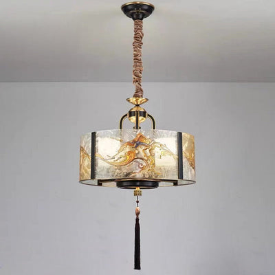 Traditional Chinese Enamel Glass Cylinder Shade Brass Frame 4/6-Light Chandelier For Living Room