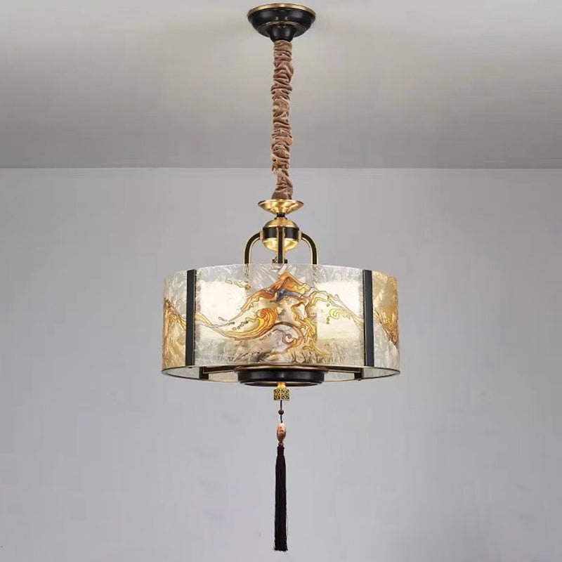 Cylindre en verre émaillé chinois traditionnel avec cadre en laiton 4/6 lumières lustre pour salon 