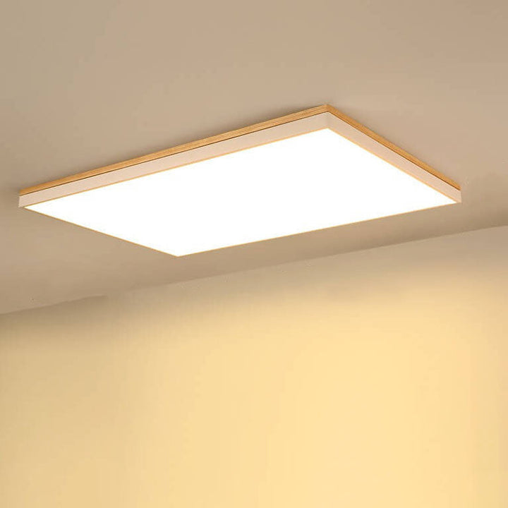 Moderne minimalistische LED-Deckenleuchte zur flachen Montage aus massivem Holz und Acryl in quadratischer Rechteckform für das Wohnzimmer 