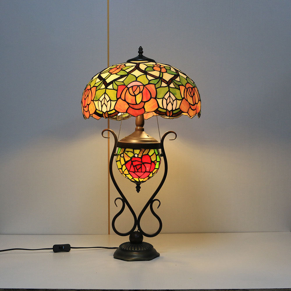 Traditional Tiffany Floral Stained Glass Iron Resin Round Pot 3-Light Table Lamp For Bedroom