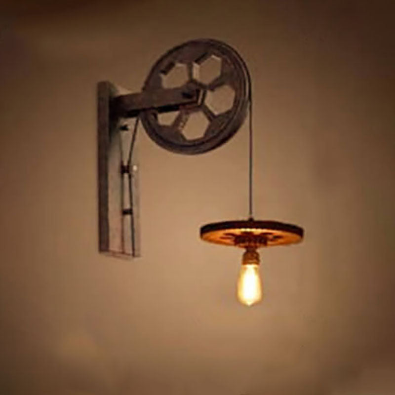 Traditional Vintage Pulley Iron Wood 1-Light Wall Sconce Lamp