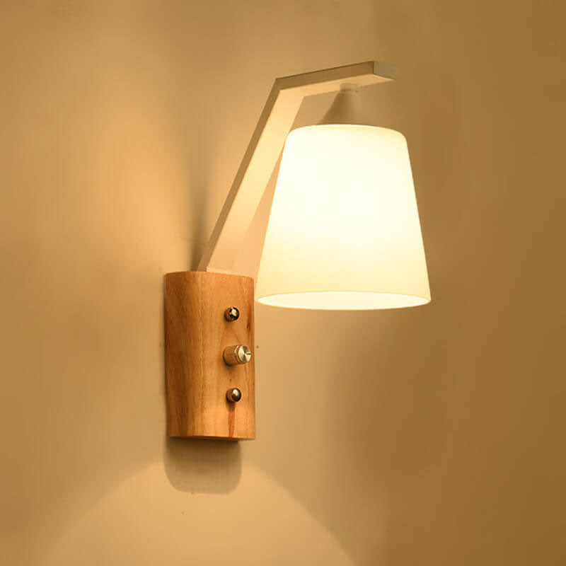 Japanese Minimalist Log Round Iron Glass Lampshade 1-Light Wall Sconce Lamp