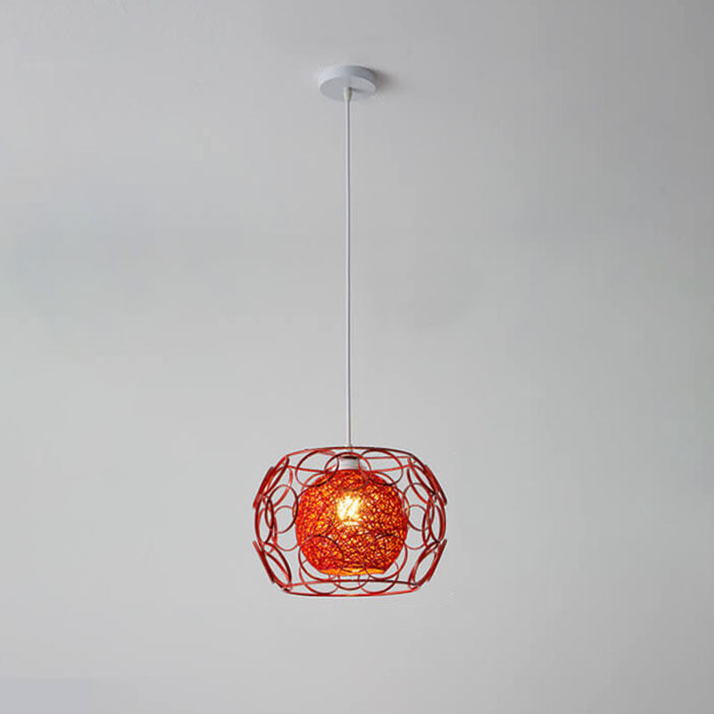 Modern Minimalist Weaving Hemp Ball Iron Drum 1-Light Pendant Light for Living Room