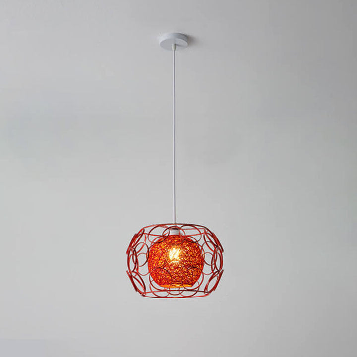 Modern Minimalist Weaving Hemp Ball Iron Drum 1-Light Pendant Light for Living Room