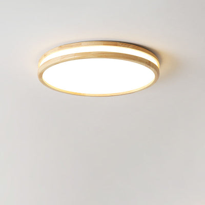 Japanese Simple Round Wooden Thin LED Flush Mount Ceiling Light