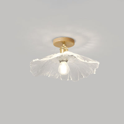 Modern Chinese Glass Lotus Leaf Wood 1-Light Semi-Flush Mount Ceiling Light