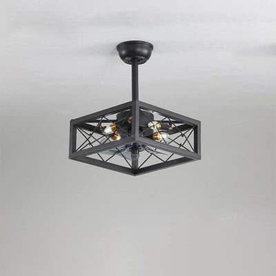 Industrial Minimalist Copper Iron Round Square 4-Light Semi-Flush Mount Ceiling Fan Light