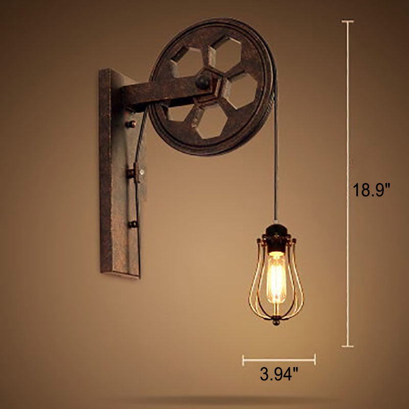 Traditional Vintage Pulley Iron Wood 1-Light Wall Sconce Lamp