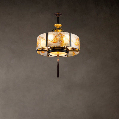 Cylindre en verre émaillé chinois traditionnel avec cadre en laiton 4/6 lumières lustre pour salon 