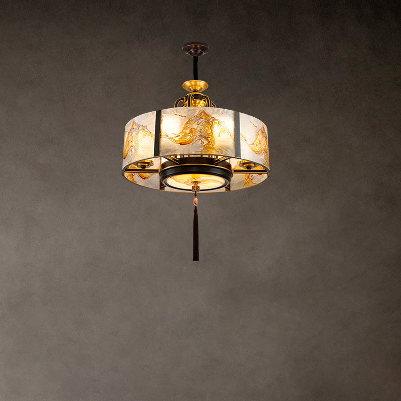 Cylindre en verre émaillé chinois traditionnel avec cadre en laiton 4/6 lumières lustre pour salon 