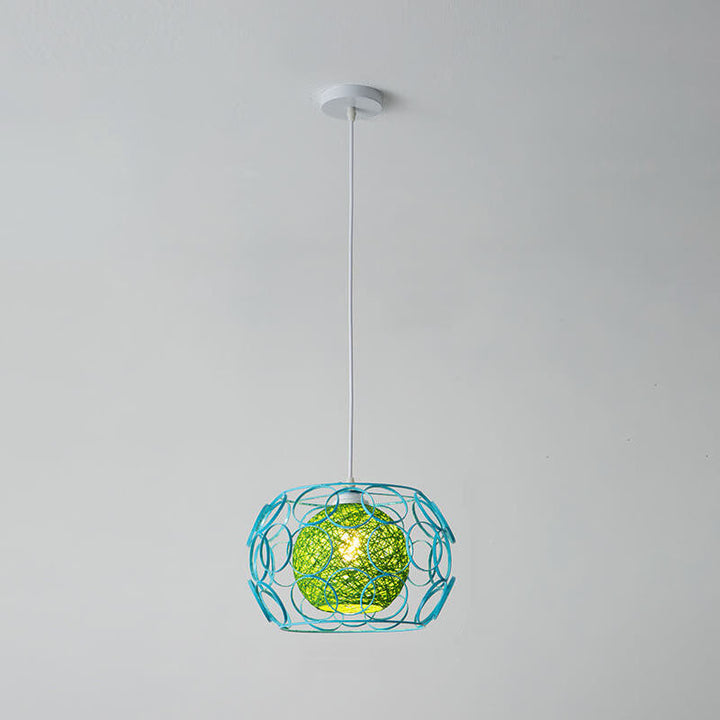Modern Minimalist Weaving Hemp Ball Iron Drum 1-Light Pendant Light for Living Room