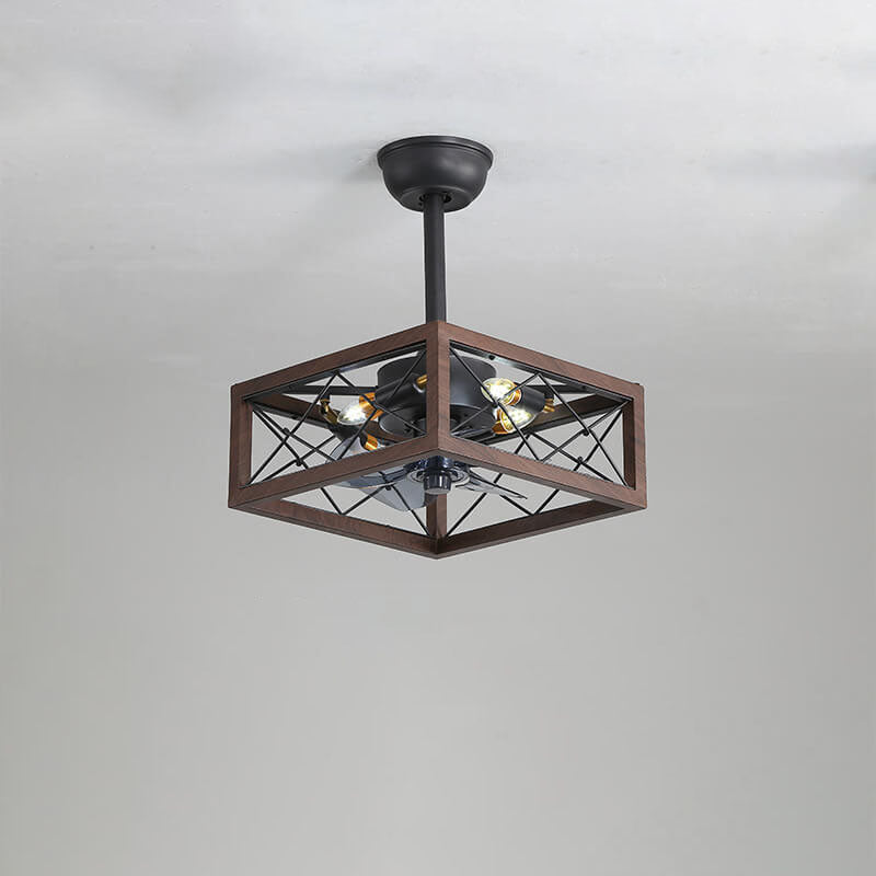 Industrial Minimalist Copper Iron Round Square 4-Light Semi-Flush Mount Ceiling Fan Light