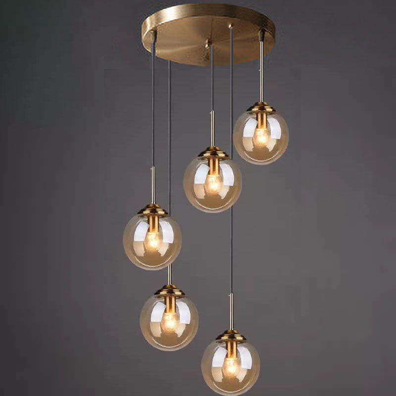 Contemporary Nordic Copper Spherical Glass Shade 1/3/5-Light Island Light Chandelier For Dining Room