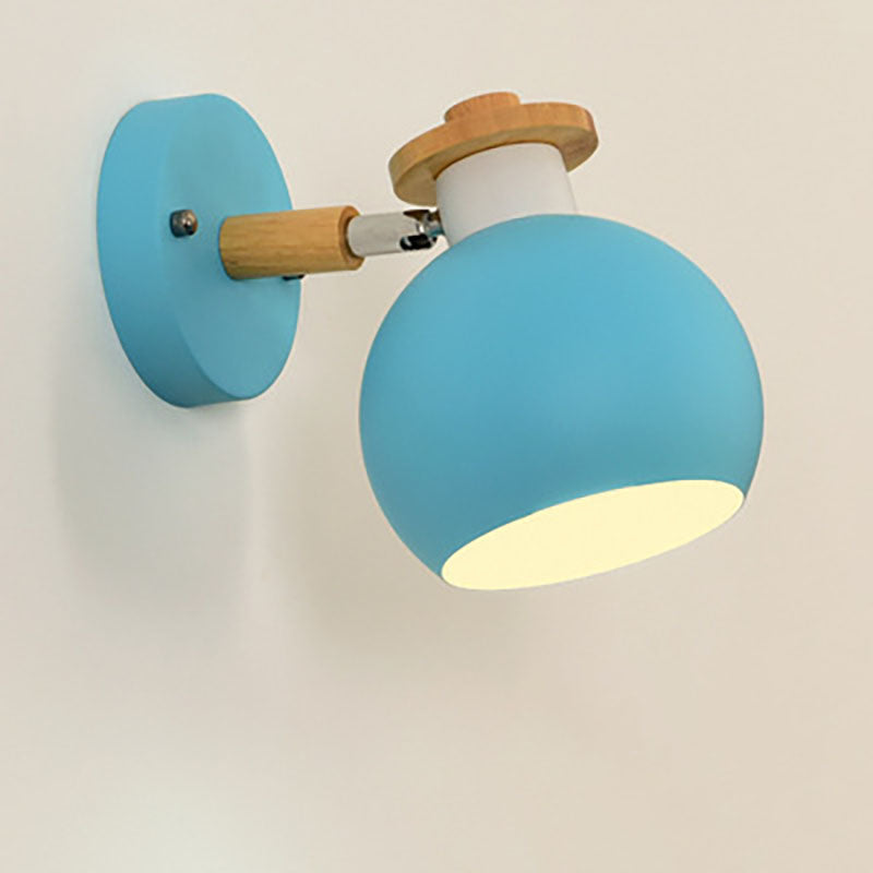 Modern Macaron Round Iron Wood 1-Light Wall Sconce Lamp