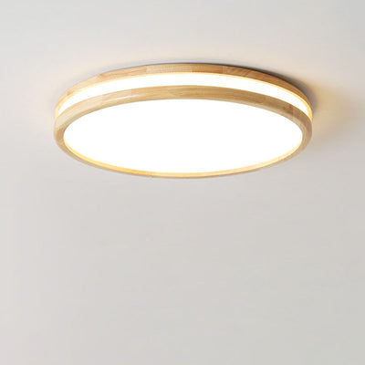 Japanese Simple Round Wooden Thin LED Flush Mount Ceiling Light