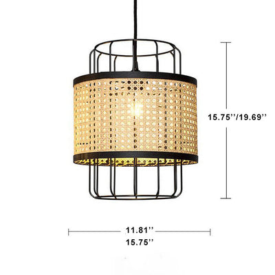 Modern Rattan Weaving 1-Light Gold Metal Cage Pendant Light