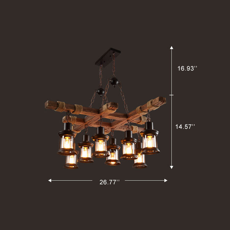 Retro-Eisenseil-Hölzerne 8-Licht-Hängeleuchter 