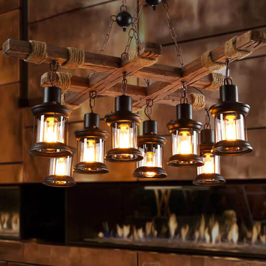 Retro Iron Rope Wooden 8-Light Hanging Chandeliers