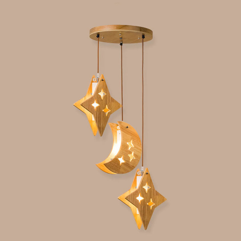 Nordic Wooden 3-Light Moon/Star Chandeliers