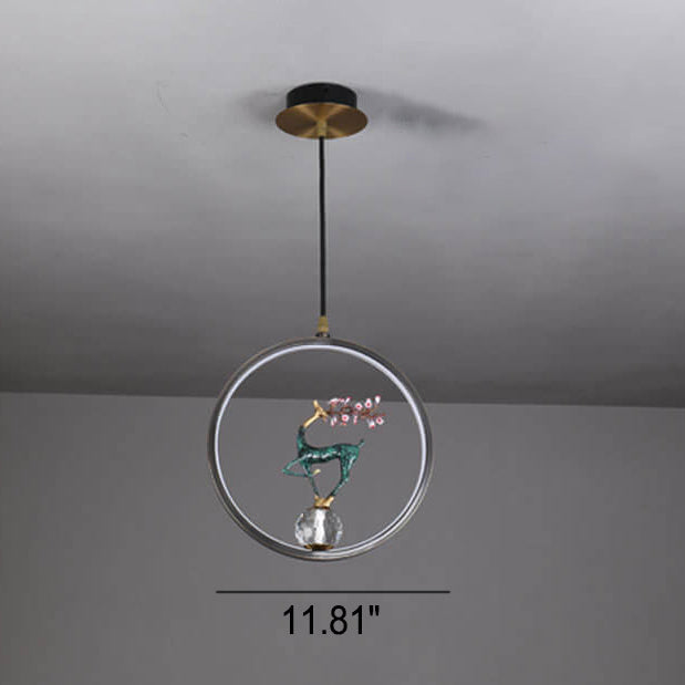 Lustre LED suspendu moderne chinois carré rond anneau prunier cerf 