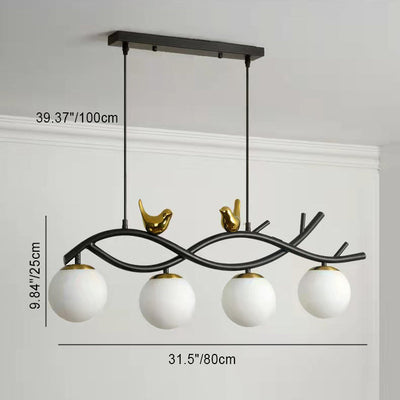 Contemporary Creative Bird Hardware Branch Glass Ball Shade 4-Light Island Light Chandelier For Living Room