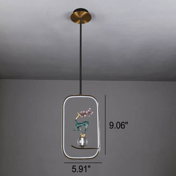Lustre LED suspendu moderne chinois carré rond anneau prunier cerf 
