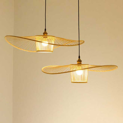 Japanese Element Bamboo Weaving Fisherman's Hat 1-Light Pendant Light