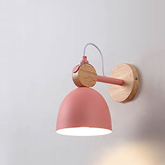 Nordic Macaron Dome Shade Wooden Chassis 1-Light Wall Sconce Lamp