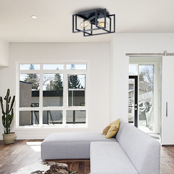 Industrial 2-Light Open Geometric Frame Flush Mount Lighting