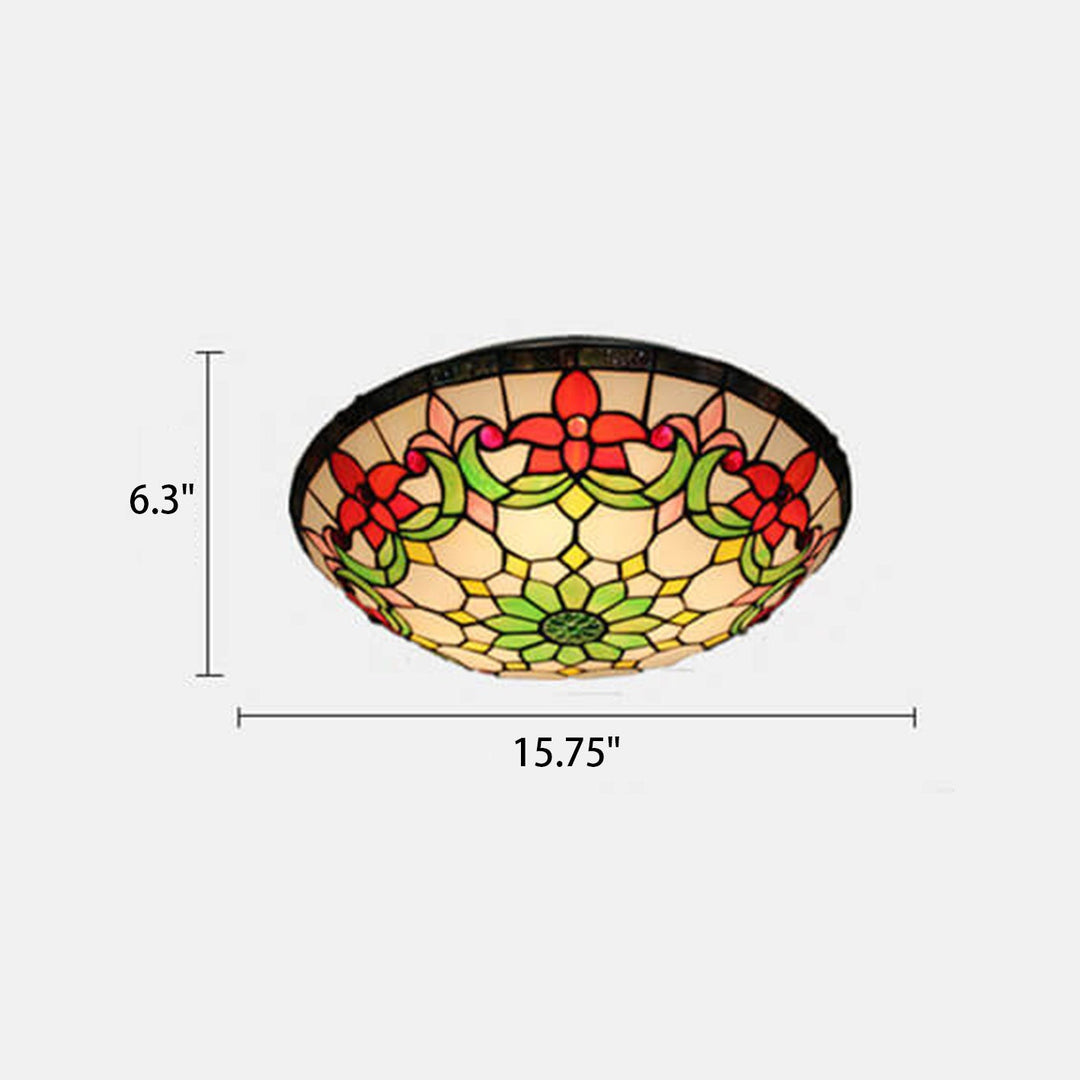 European Tiffany Flowers Stained Glass 3-Light Flush Mount Ceiling Light
