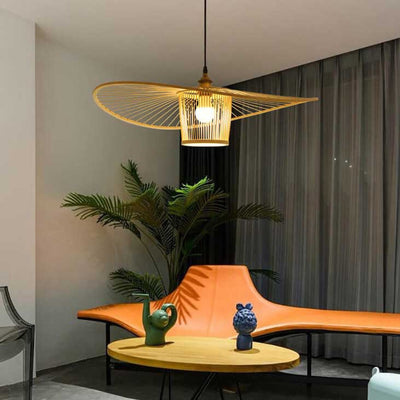 Japanese Element Bamboo Weaving Fisherman's Hat 1-Light Pendant Light