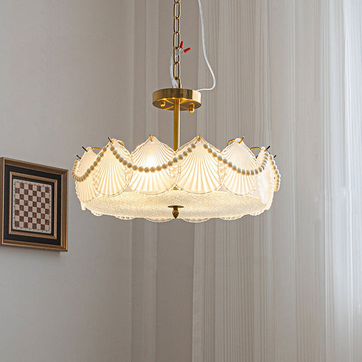 Lustre rond en coquillage de luxe léger français avec perles de verre, 5/6/8 lumières 