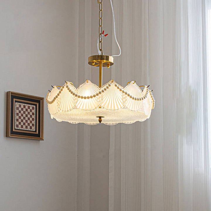 Lustre rond en coquillage de luxe léger français avec perles de verre, 5/6/8 lumières 