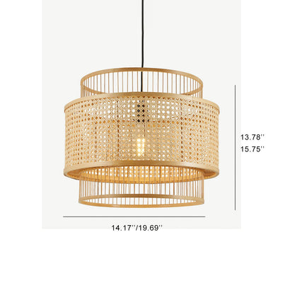 Japanese Style Bamboo Weaving Cylinder Metal Cage 1-Light Pendant Light