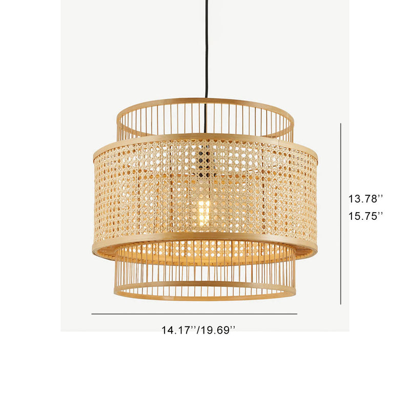 Japanese Style Bamboo Weaving Cylinder Metal Cage 1-Light Pendant Light
