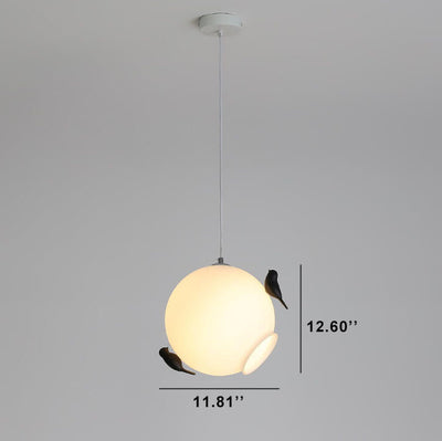 Modern Glass Ball with Standing Birds 1-Light Pendant Light