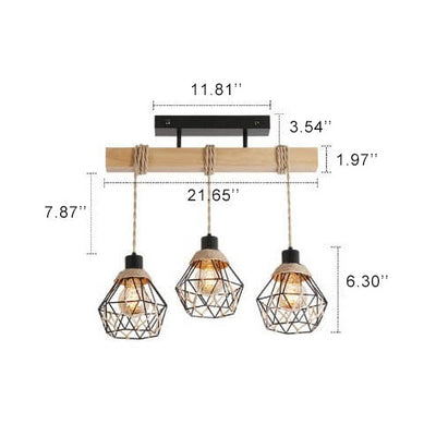 Vintage Industrial Hemp Rope Metal Cage 3-Light Chandelier Ceiling Light