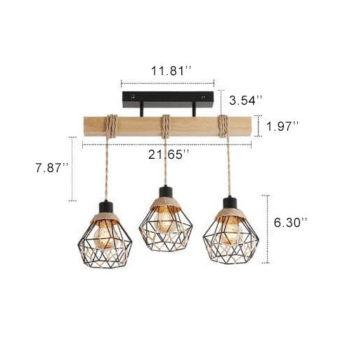 Vintage Industrial Hemp Rope Metal Cage 3-Light Chandelier Ceiling Light