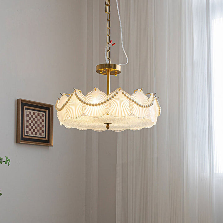 Lustre rond en coquillage de luxe léger français avec perles de verre, 5/6/8 lumières 